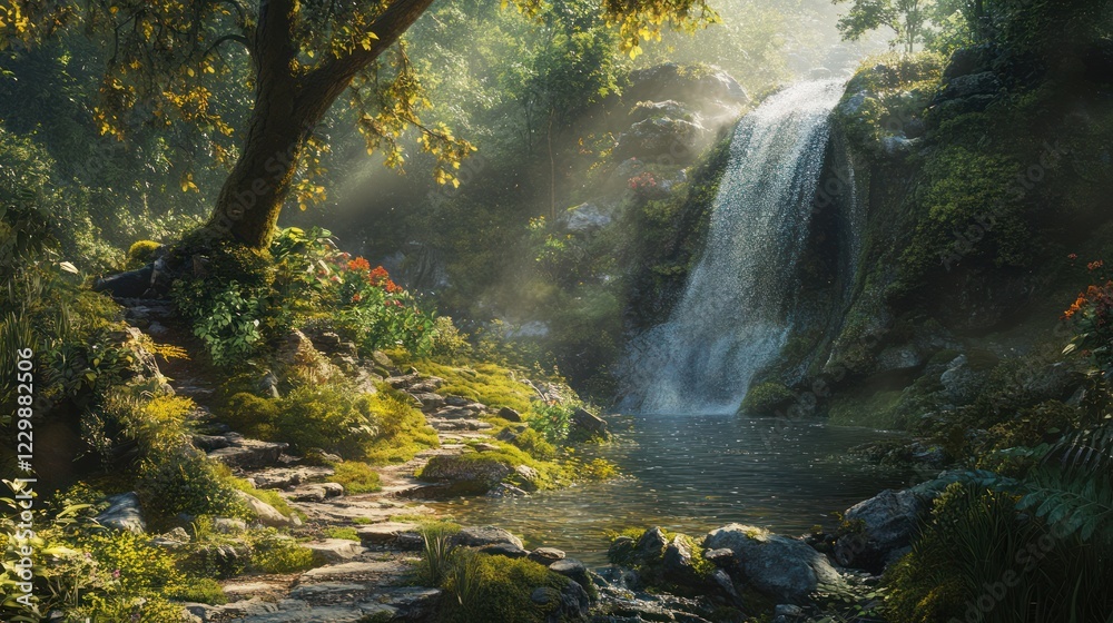 Serene Waterfall Path, Lush Forest, Sunlight, Nature Escape, Background for website Serene Waterfall Path, Lush Forest, Sunlight, Nature Escape, Background for website