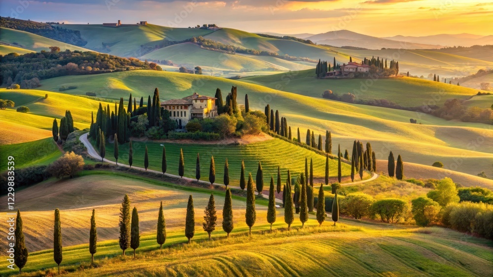 Naklejka premium Rolling hills with cypress trees and golden light in Campagna Marchigiana landscape