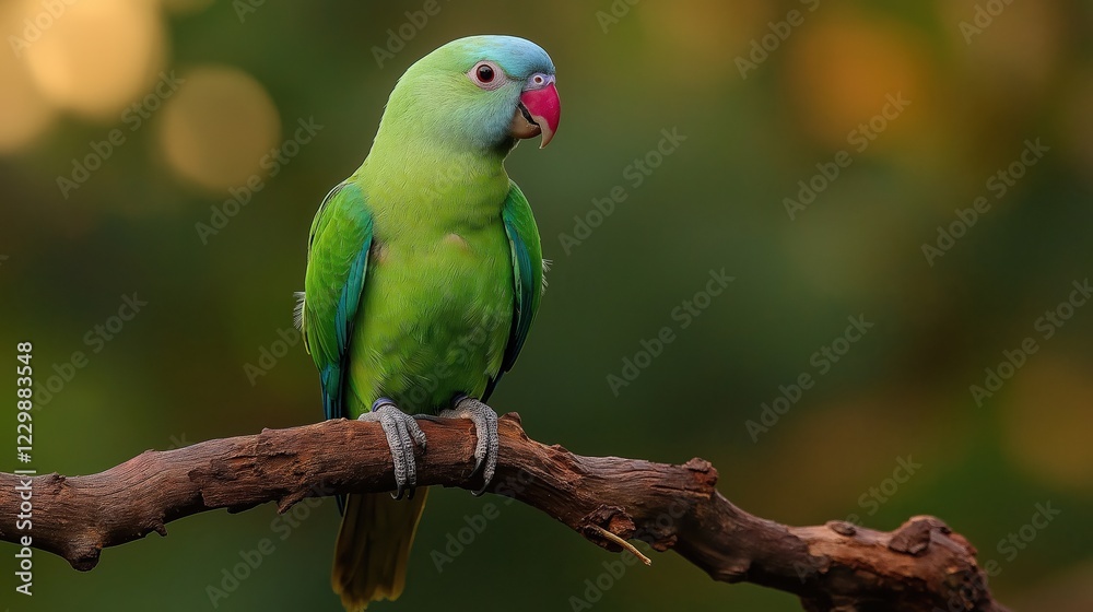 green parrot sits on a branch in the forest, tropical bird perched on a branch against a lush green background, showcasing brilliant colour and detailed features of nature's beauty. green parrot sits on a branch in the forest, tropical bird perched on a branch against a lush green background, showcasing brilliant colour and detailed features of nature's beauty.