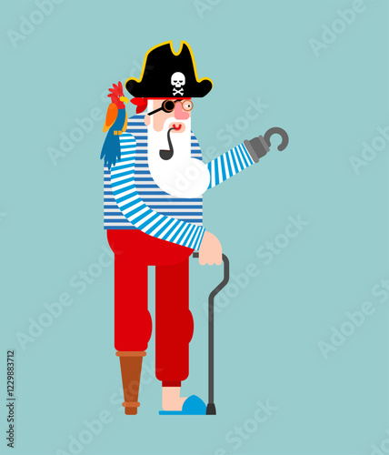 Grandpa pirate with gray beard. Old filibuster with parrot and wooden leg. Hook instead of hand