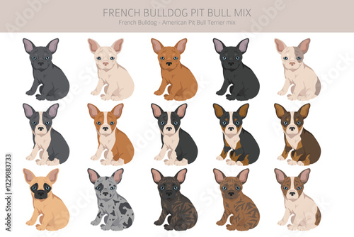 French Bulldog Pitbull mix clipart. French Bulldog - Pit bull terrier mix. All possible coat colors, breed information, adults and puppies.  Vector illustration