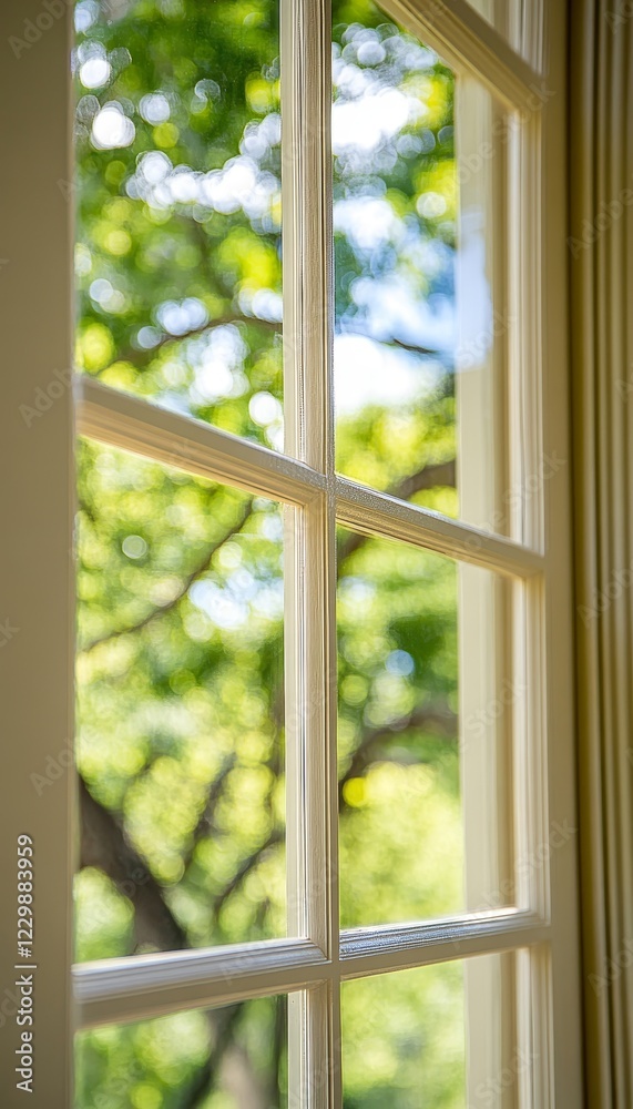Fototapeta premium Sunlight Streams Through a Multi-Paned Window, Illuminating Lush Green Foliage Beyond
