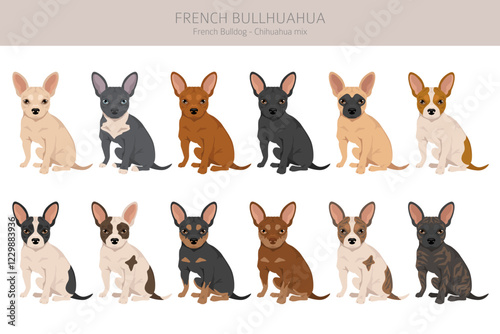 French Bullhuahua clipart. French Bulldog - Chihuahua mix. All possible coat colors, breed information, adults and puppies.  Vector illustration photo