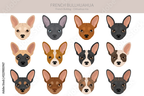 French Bullhuahua clipart. French Bulldog - Chihuahua mix. All possible coat colors, breed information, adults and puppies.  Vector illustration