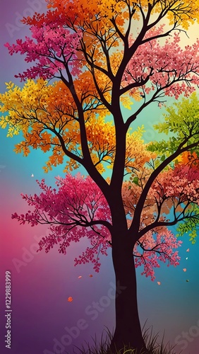 illustration of a colorful tree in spring, tree in autumn