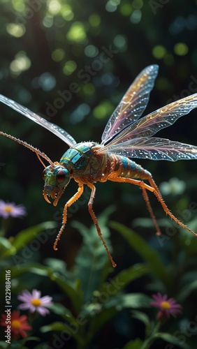 illustration of a colorful insect flying over spring flowers