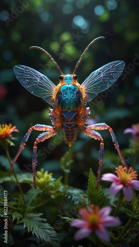 illustration of a colorful insect flying over spring flowers