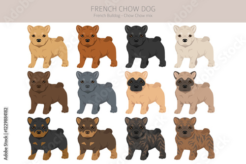French chow dog clipart. French Bulldog - Chow chow mix. All possible coat colors, breed information, adults and puppies.  Vector illustration