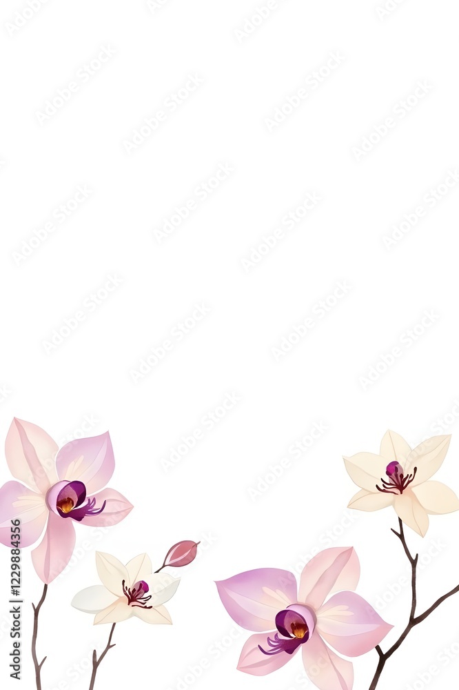 Whimsical Orchid Floral Composition with Soft Pink and Purple Tones on Pristine Background Whimsical Orchid Floral Composition with Soft Pink and Purple Tones on Pristine Background