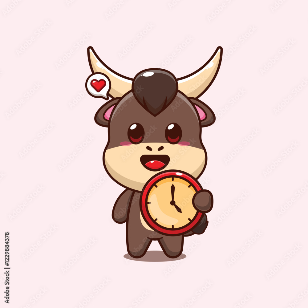 bull mascot cartoon character vector illustration with clock bull mascot cartoon character vector illustration with clock