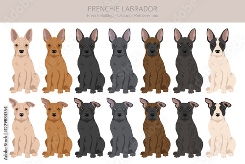 Frenchie Labrador clipart. French Bulldog - Labrador Retriever mix. All possible coat colors, breed information, adults and puppies.  Vector illustration