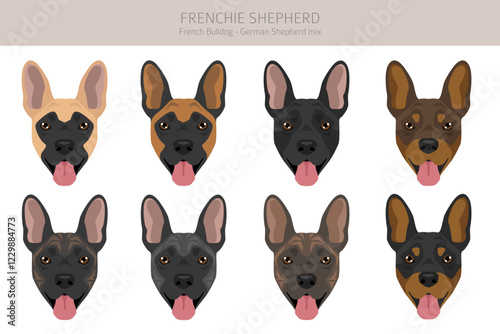 Frenchie Shepherd clipart. French Bulldog - German Shepherd mix. All possible coat colors, breed information, adults and puppies.  Vector illustration