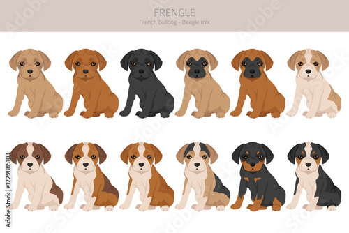 Frengle clipart. French Bulldog - Beagle mix. All possible coat colors, breed information, adults and puppies.  Vector illustration