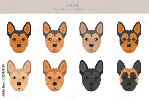 Frorkie clipart. French Bulldog - Yorkshire Terrier mix. All possible coat colors, breed information, adults and puppies.  Vector illustration