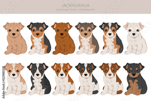 Jackhuahua clipart. Jack Russel Terrier - Chihuahua mix. All possible coat colors, breed information, adults and puppies.  Vector illustration