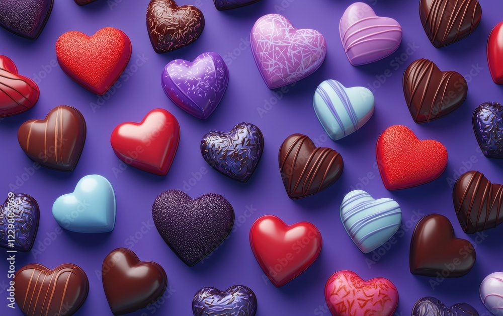 Obraz premium n assortment of colorful heart-shaped candies and chocolates, artistically arranged on a rich purple-to-indigo gradient background. Valentines Day and 8 March theme