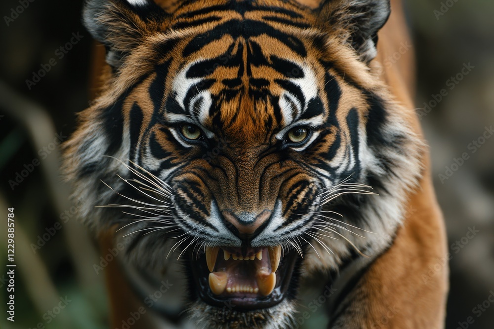 Fototapeta premium A tiger with its mouth open and smoke coming out of it