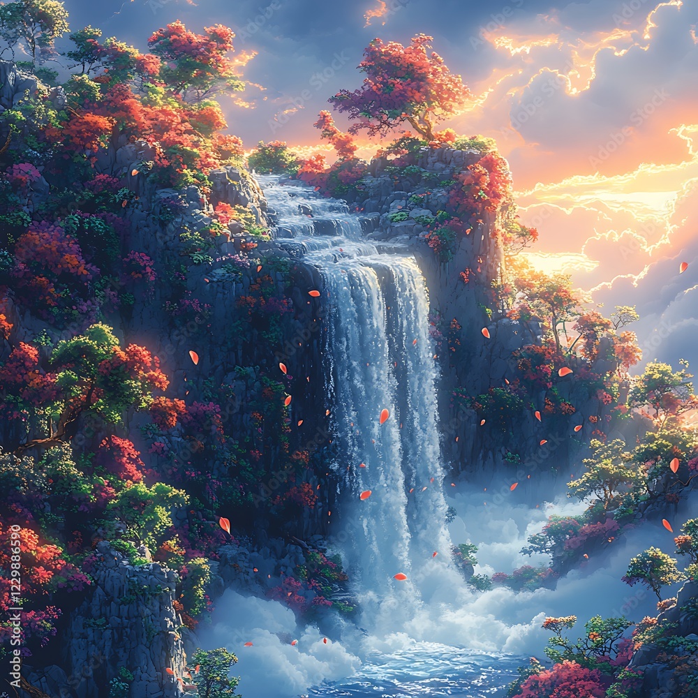 Fototapeta premium Surreal vector artwork depicting a mesmerizing waterfall flowing upwards, defying gravity on an alien landscape, surrounded by vibrant flora, white background ::2 anti-gravity phenomenon, ethereal 