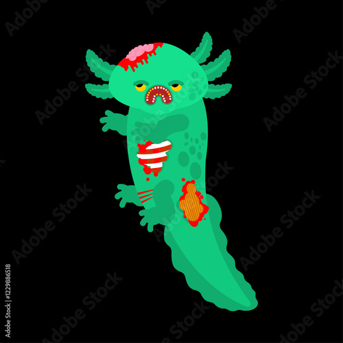 Zombie axolotl isolated. Green Amphibian Salamander