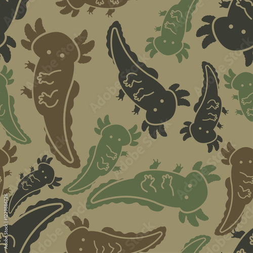 Axolotl Military pattern seamless. Little Amphibian Salamander Army background. Texture khaki, green hunting uniform