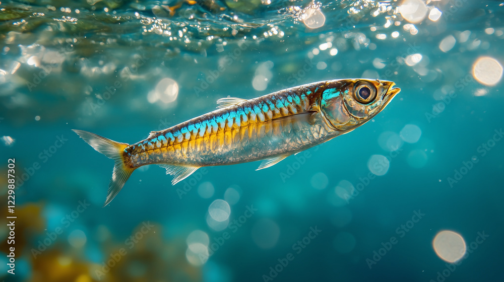 Fototapeta premium Close-Up of a Sardine Swimming Underwater – Ideal for Marine Life Documentaries, Seafood Industry Promotions, and Ocean Conservation Campaigns