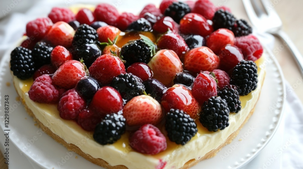 A heart-shaped fruit tart topped with fresh berries and a drizzle of honey for Valentine Day