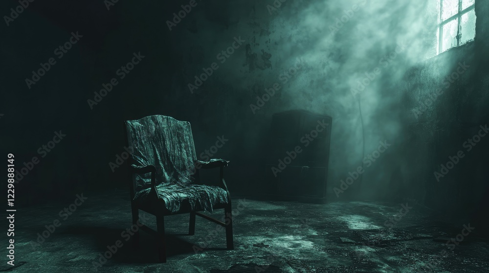 A chair with tattered fabric in a dark, foggy basement, eerie shadows creeping in. A chair with tattered fabric in a dark, foggy basement, eerie shadows creeping in.