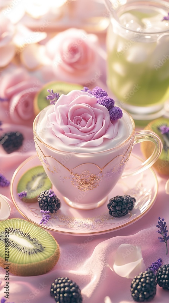 Delicate Pink Rose Latte with Kiwi and Berries on Pastel Table Setting Delicate Pink Rose Latte with Kiwi and Berries on Pastel Table Setting