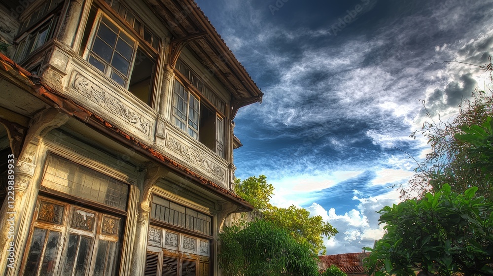 Fototapeta premium Majestic Abandoned Mansion Under Dramatic Sky