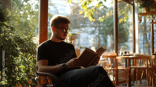 Relaxing in a Sunlit Cafe While Reading a Book Amidst Lush Greenery