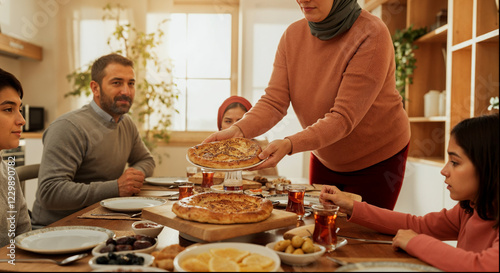 Muslim Family Enjoying Iftar Together. Traditional Ramadan Dinner at Home