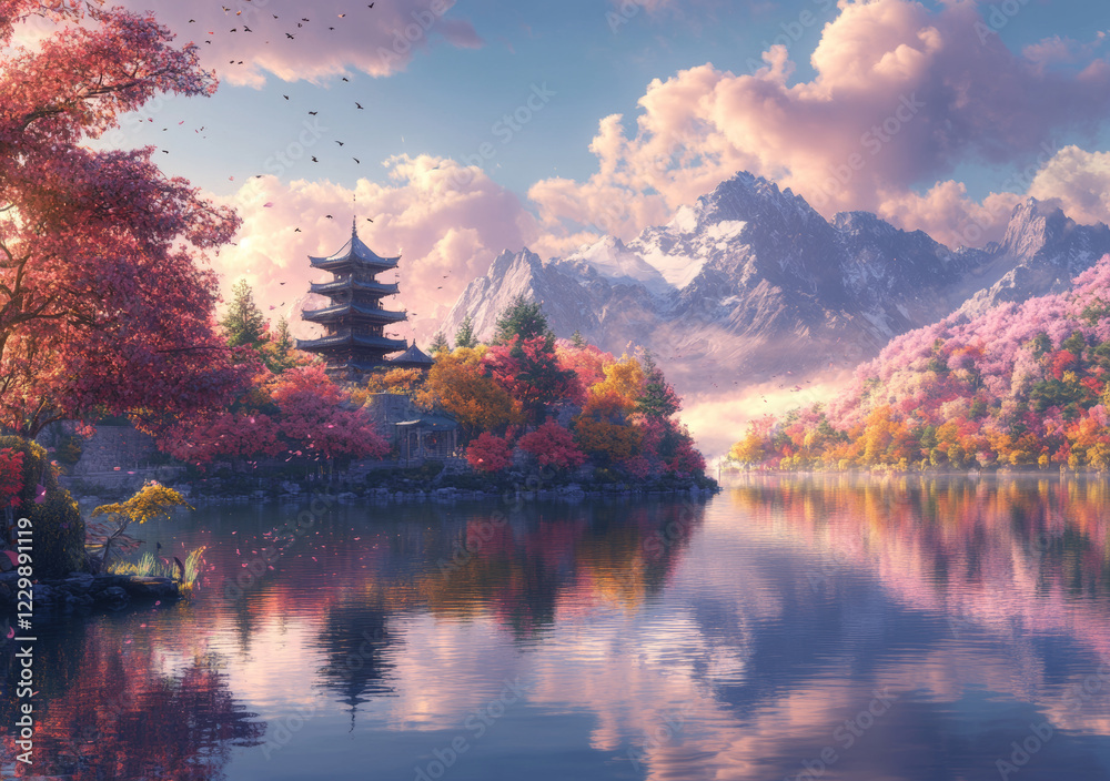 Naklejka premium A beautiful landscape painting of a traditional East Asian style building on an island surrounded by pink and red trees.