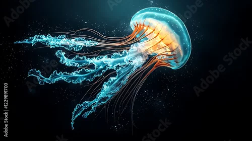 Obraz Luminous jellyfish underwater, dark background, ocean life, nature, screensaver
