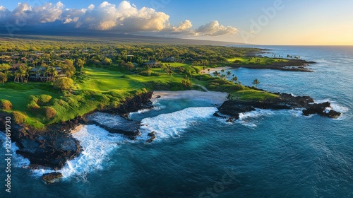 Oceanside Golf Course: Breathtaking Aerial View of Lush Greens Meeting Turquoise Waters