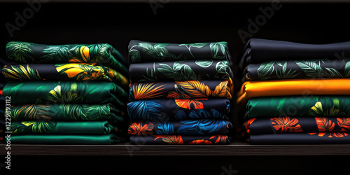 Explore a vibrant collection of neatly folded tropical-themed fabrics featuring lush patterns and bold colors, perfect for creating summer fashion or home decor projects.