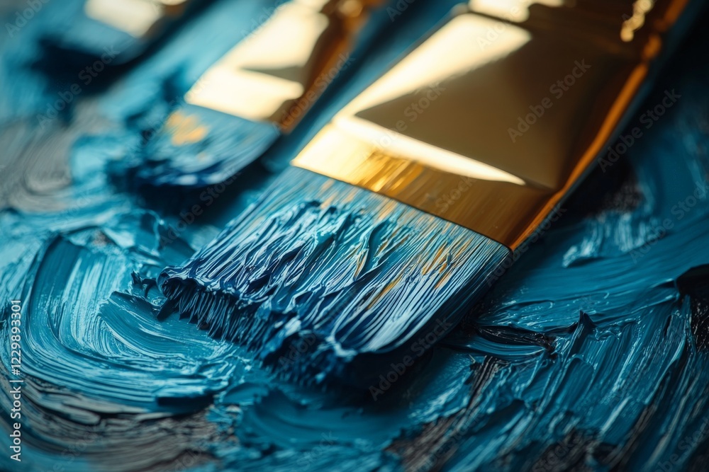 Fototapeta premium Brushes coated with vibrant blue paint arranged on a textured surface in a creative workspace during the day