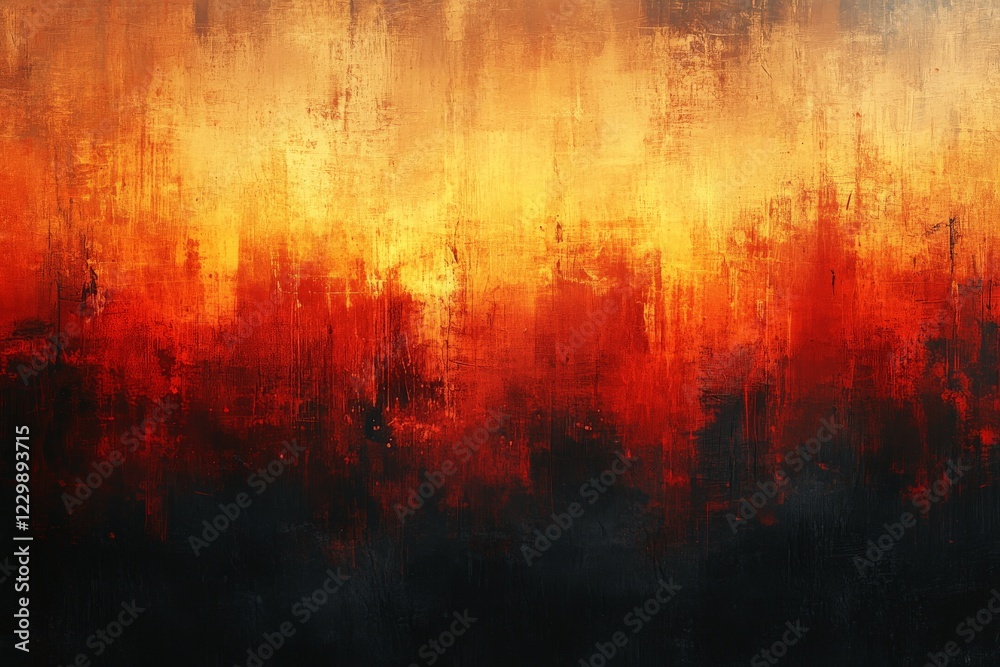 Fototapeta premium Abstract artwork depicting warm colors and textured layers in shades of orange, red, and black against a gradient background
