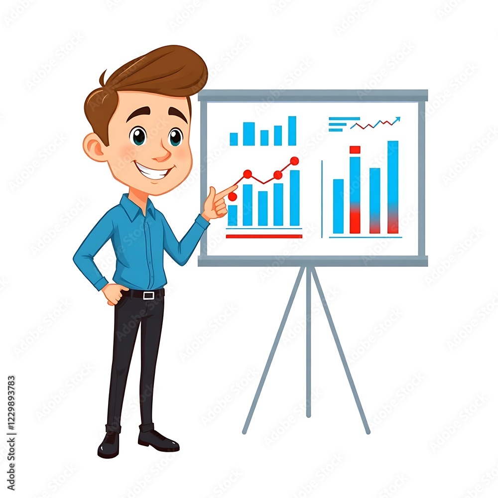 Animated illustration of a businessman presenting a growth chart. Animated illustration of a businessman presenting a growth chart.