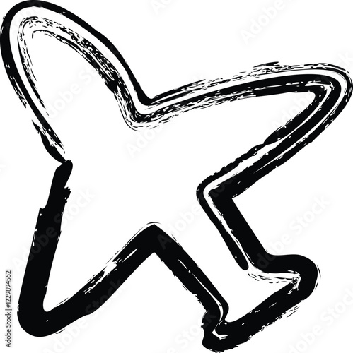 A black and white grunge-style hand-drawn airplane icon with rough brush strokes, representing travel, aviation, and adventure. 