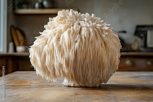 White coral mushroom on the kitchen table. Lions mane mushroom placed on the wooden table.
