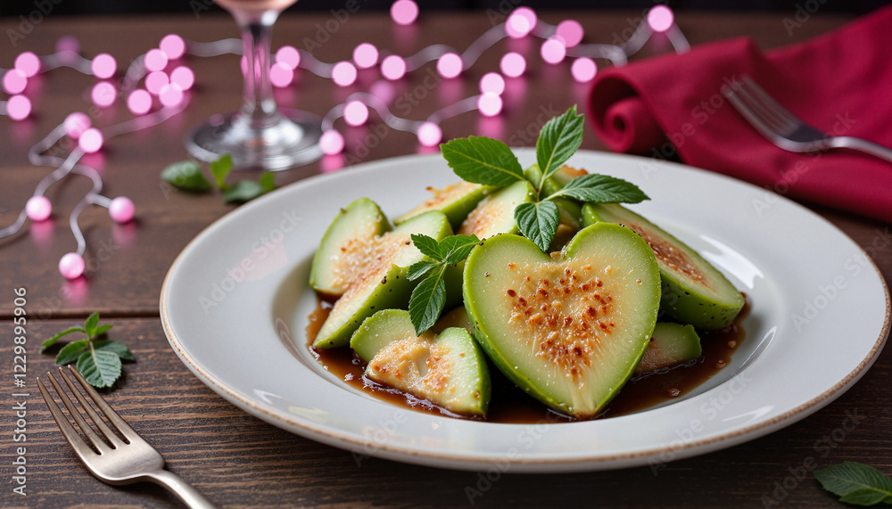 Heart-shaped nopal cactus salad with balsamic glaze in a romantic setting Heart-shaped nopal cactus salad with balsamic glaze in a romantic setting