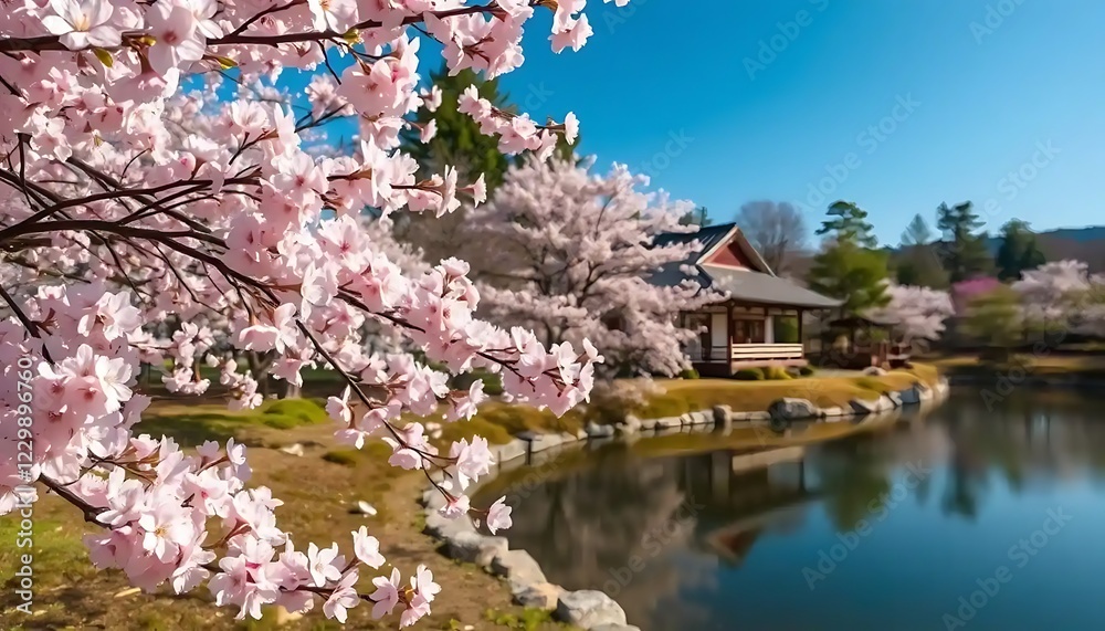 Cherry Blossoms Frame Peaceful Japanese Garden Scene Cherry Blossoms Frame Peaceful Japanese Garden Scene