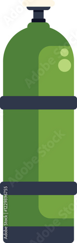 Green oxygen cylinder with two black belts standing upright on white background