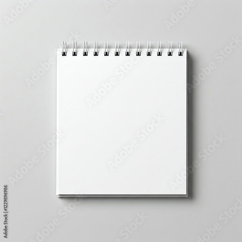 blank white notebook on white background. Blank realistic spiral bound notepad mockup on light grey background.