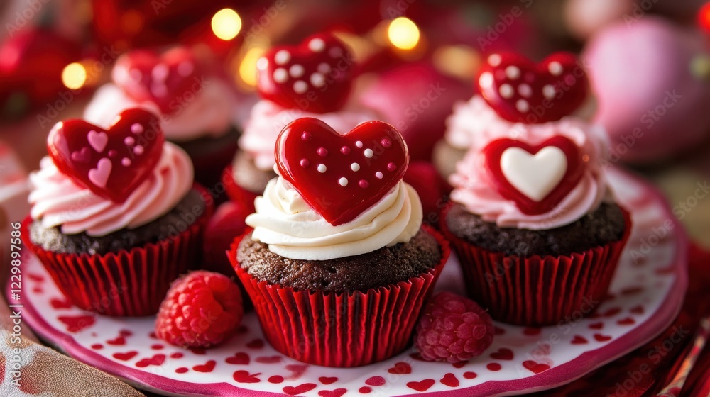 Valentine-themed cupcakes topped with fresh strawberries and raspberries for a festive dessert Valentine-themed cupcakes topped with fresh strawberries and raspberries for a festive dessert