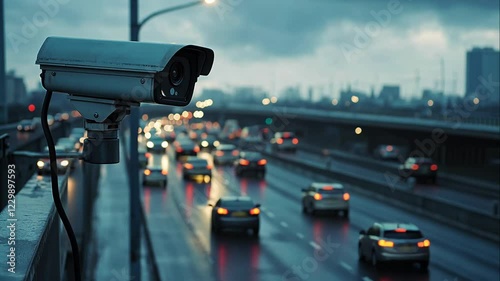Surveillance camera monitoring highway traffic with blurred city lights in the background.