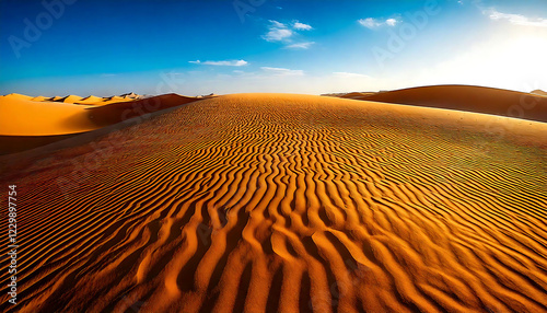 Fototapeta Naklejka Na Ścianę i Meble -  Stunning panoramic view of textured desert dunes under a vibrant blue sky.  The rich, golden sand creates a captivating landscape ideal for travel, adventure, and nature-themed projects.