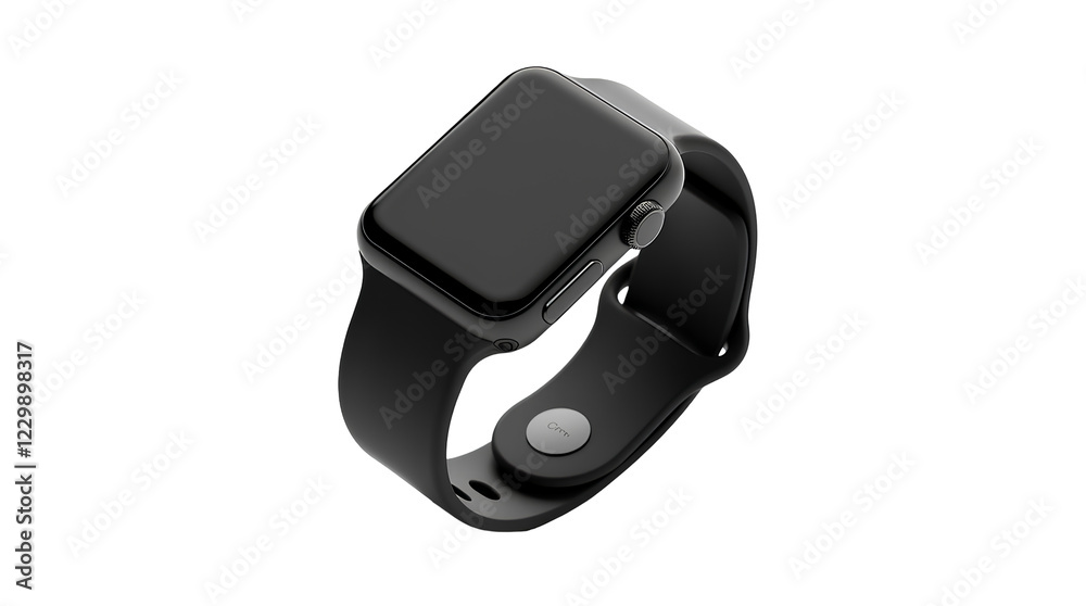 Wrist smartwatch mockup with a black strap, isolated cutout object with shadow on a transparent PNG background. Wrist smartwatch mockup with a black strap, isolated cutout object with shadow on a transparent PNG background.