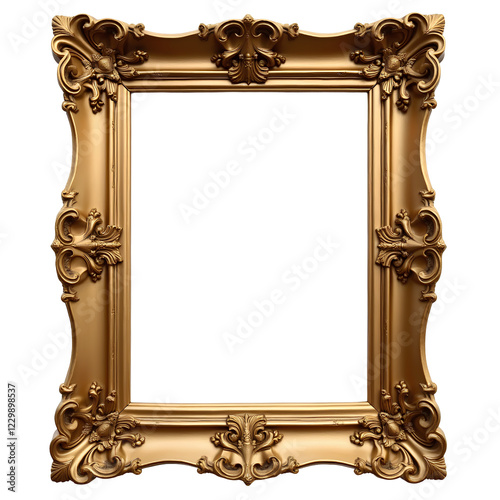 Antique gilded frame with intricate carvings, isolated on a white background. Vintage golden rectangular photo frame (Generative AI).