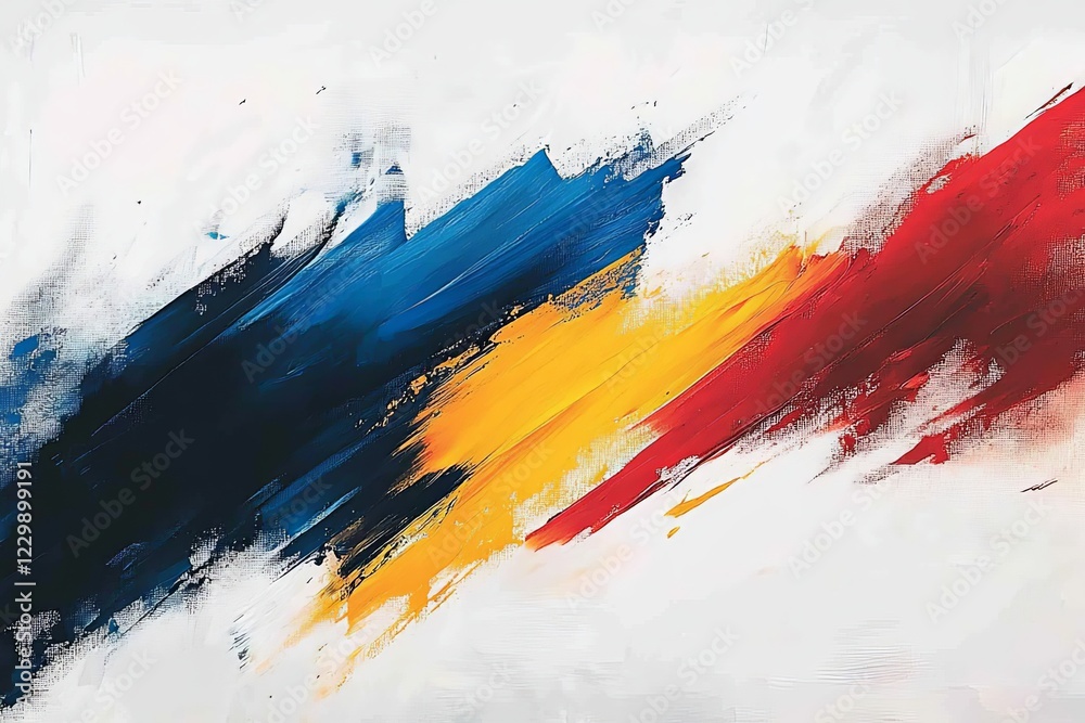 Abstract artwork featuring bold brush strokes in blue, yellow, and red on a white canvas for modern decor Abstract artwork featuring bold brush strokes in blue, yellow, and red on a white canvas for modern decor